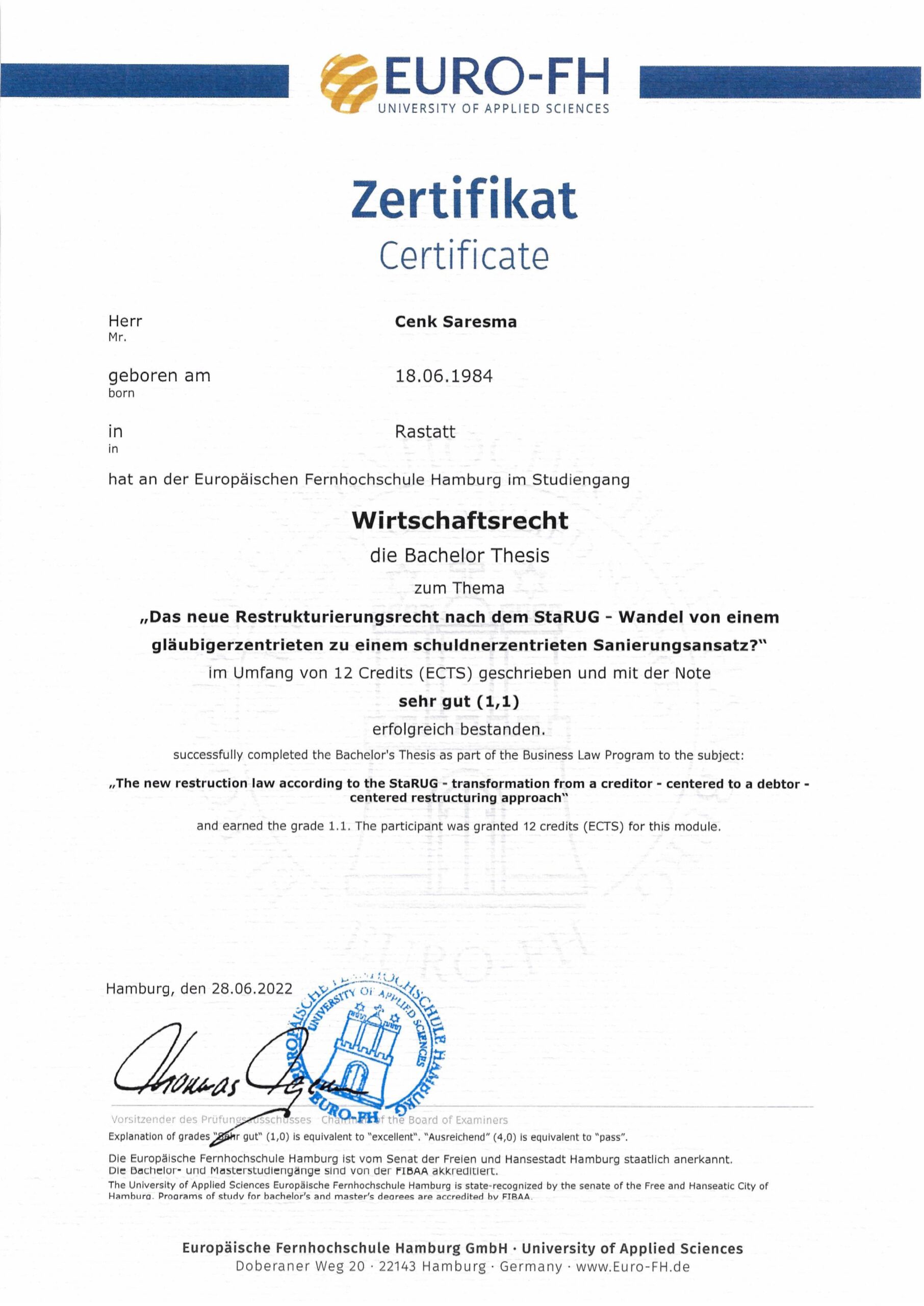 Abschluss Bachelor LLB Cenk Saresma Wirtschaftsrecht